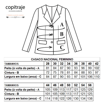 Tabela tamanhos casaco traje academico